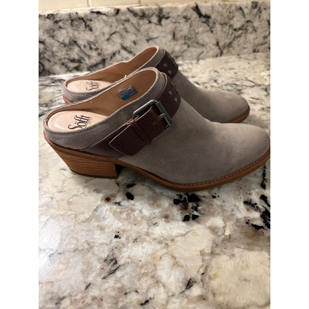 Sofft Adena Suede Mules 8.5 Taupe Clogs Studded Buckle Waterproof Western Boho